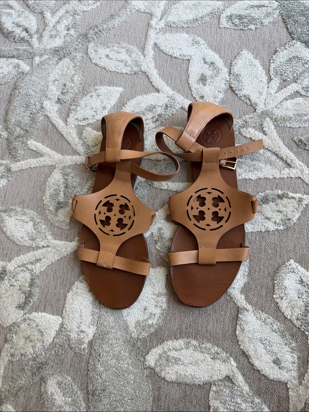 Tory Burch Tan Leather Logo Cutout Ankle-Strap Sandals